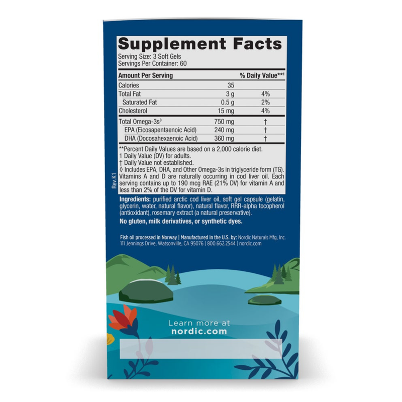 Nordic Naturals - Arctic Cod Liver Oil 750mg Lemon - 180 softgels